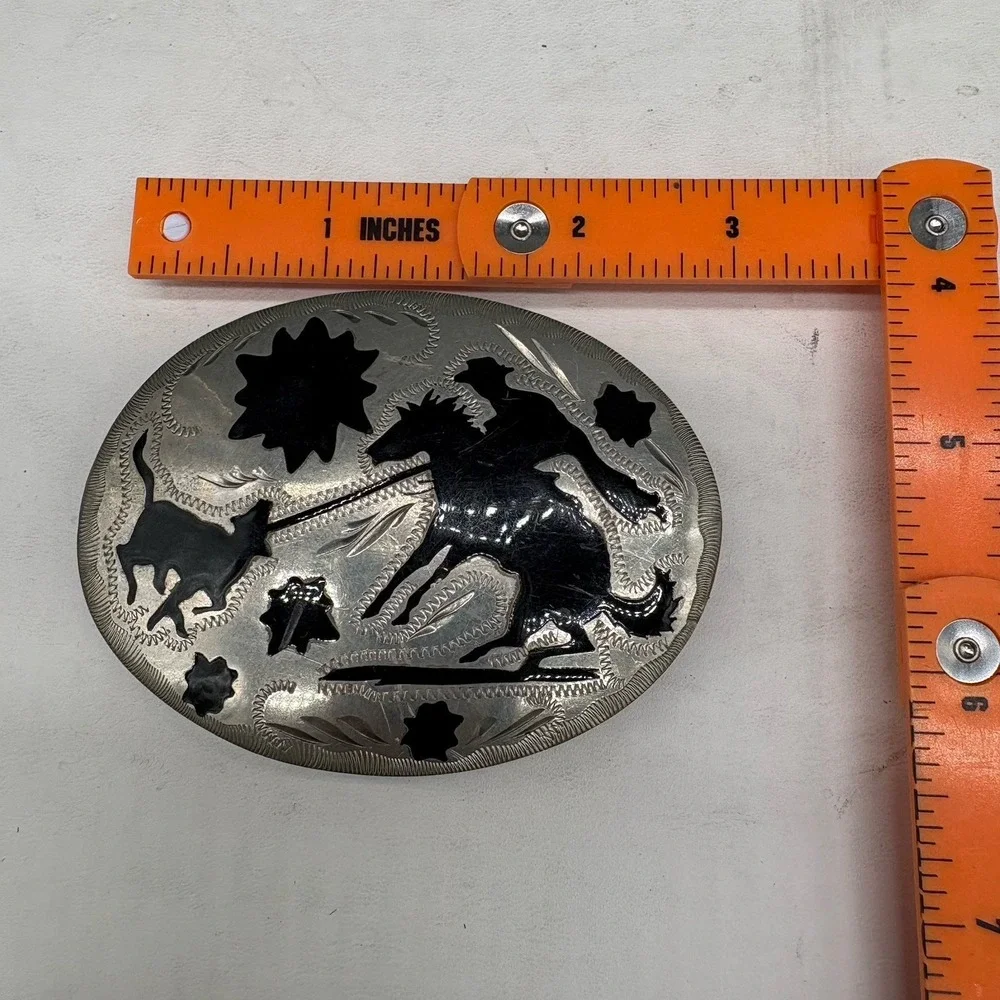 Vintage Handcrafted German Silver Cowboy‎ Roping Steer Inlay Oval Belt Buckle